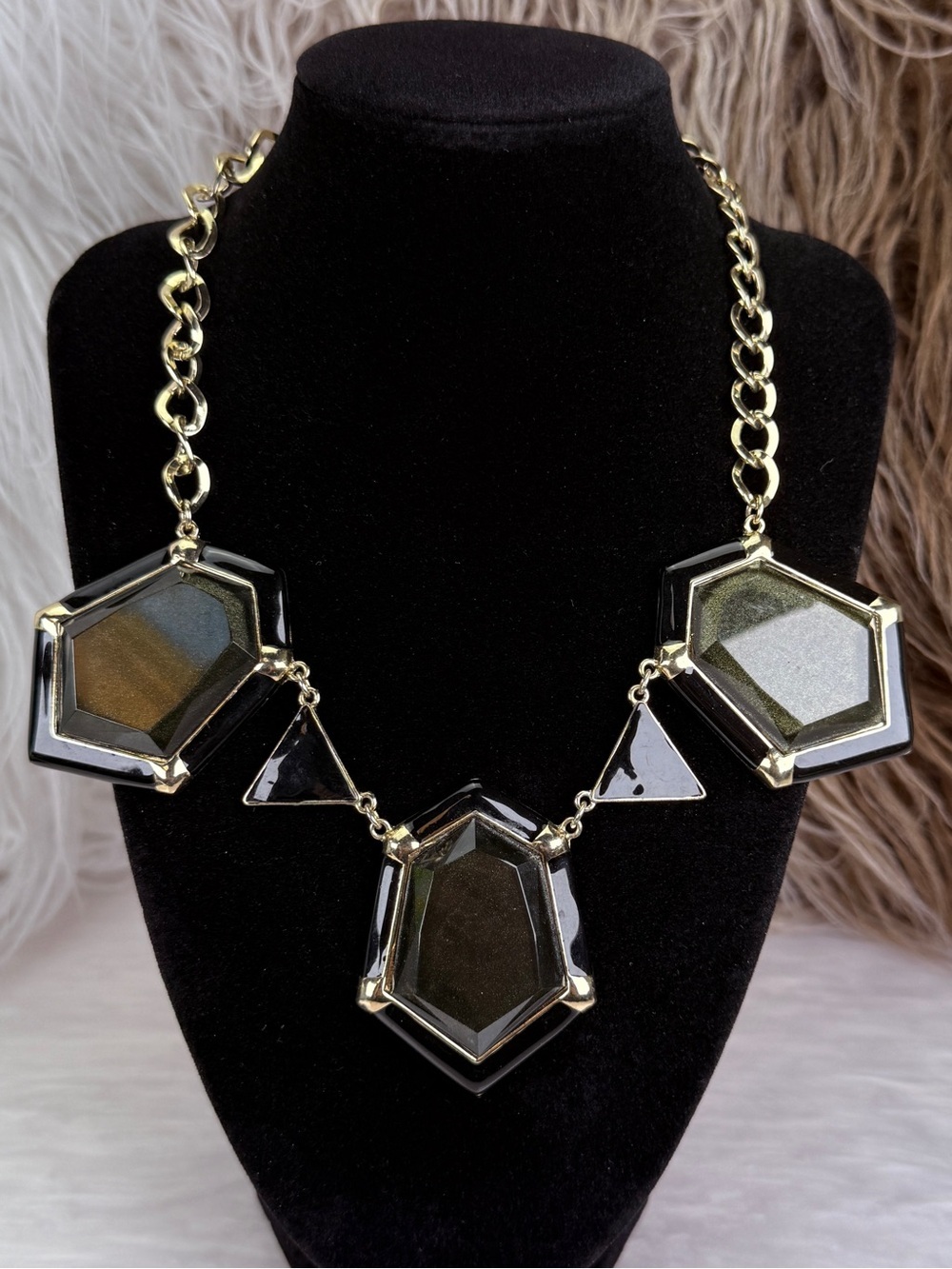 Green Black Geometric Statement Necklace Gold Tone